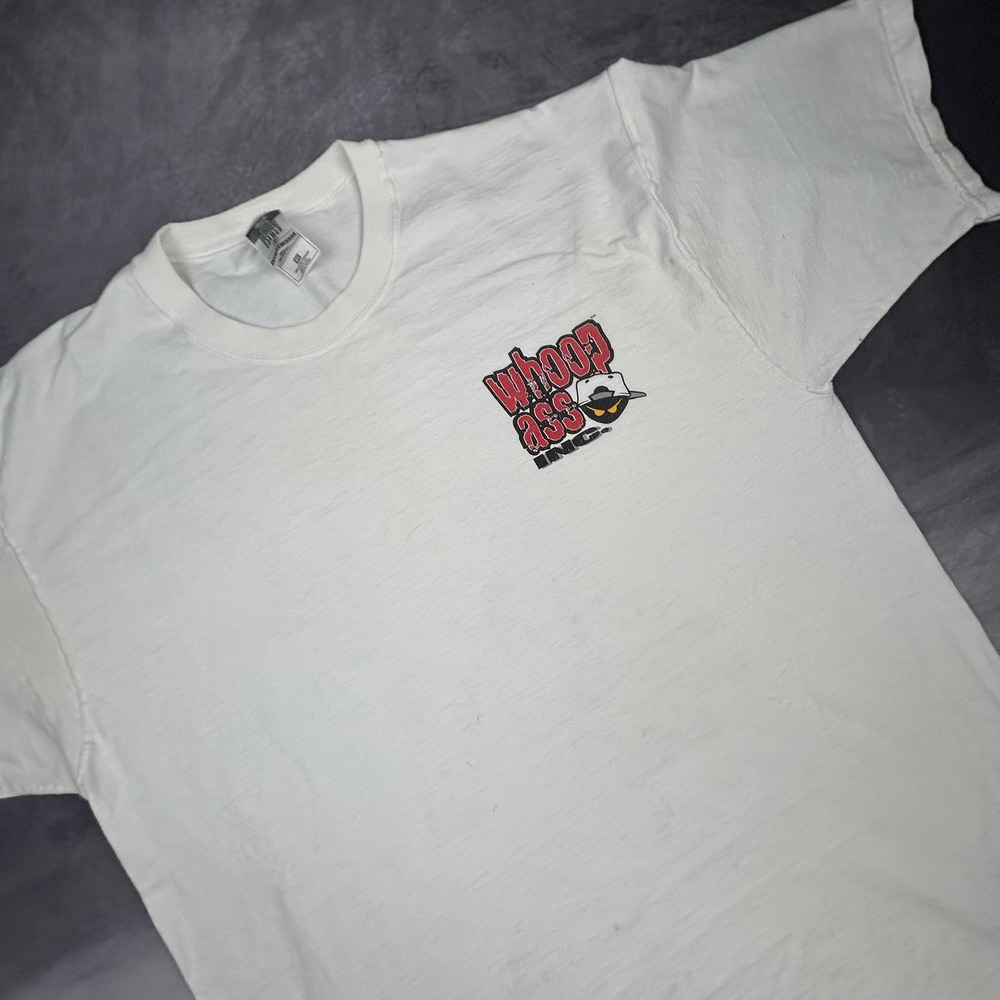 Vintage 90s Whoop Ass Inc Graphic T Shirt Mens XL White Skater Streetwear Boxy - Picture 3 of 8